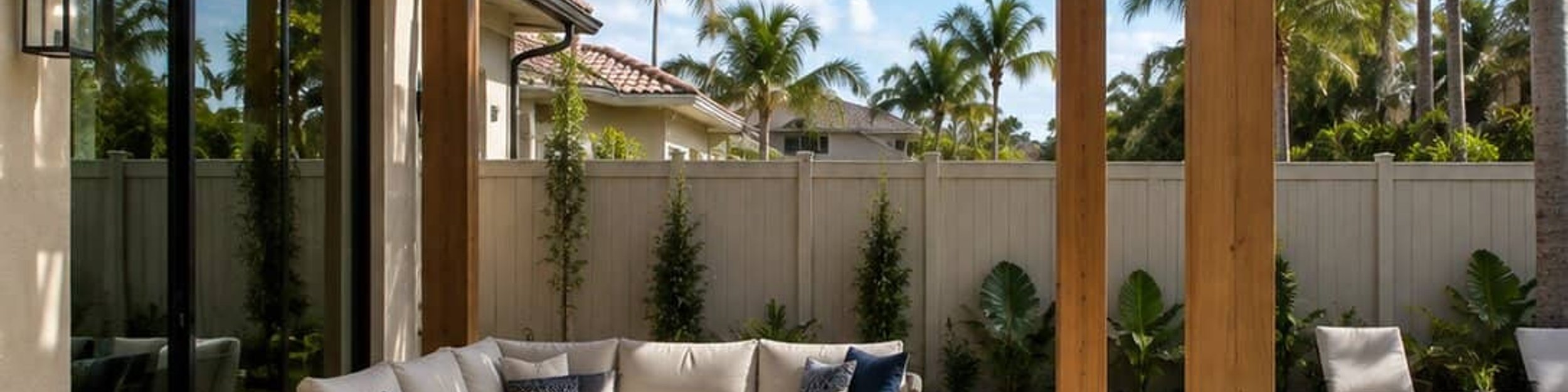 Wood pergola with lounge seating beside a pool