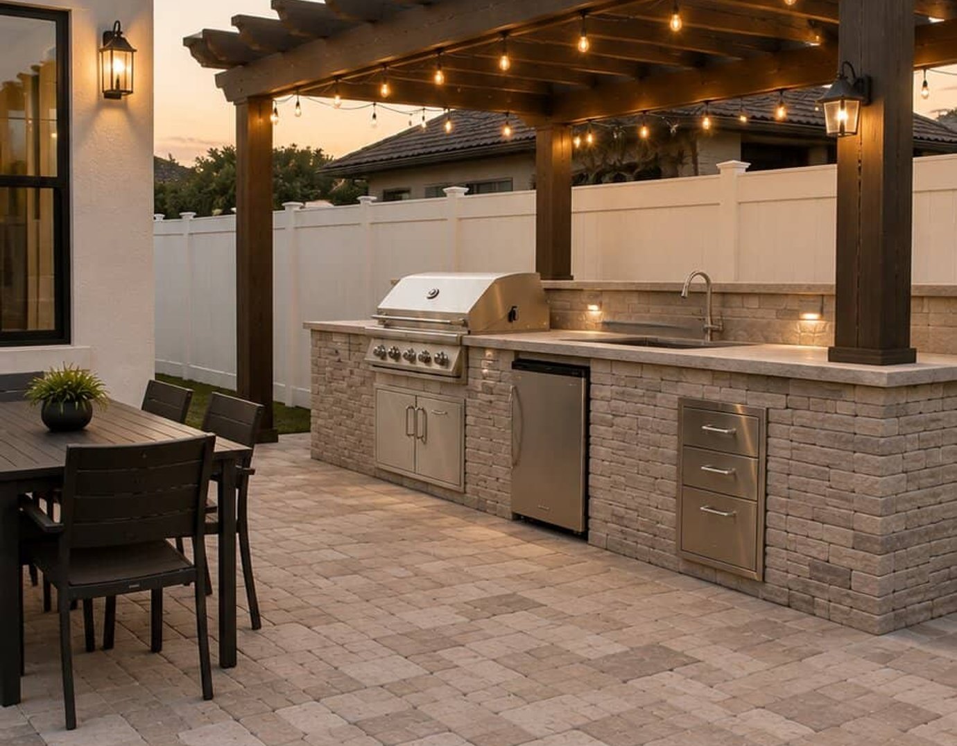 Outdoor kitchen under pergola at dusk
