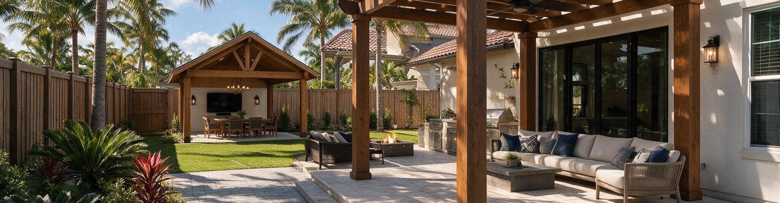 Pergola, pool, and pavilion in backyard