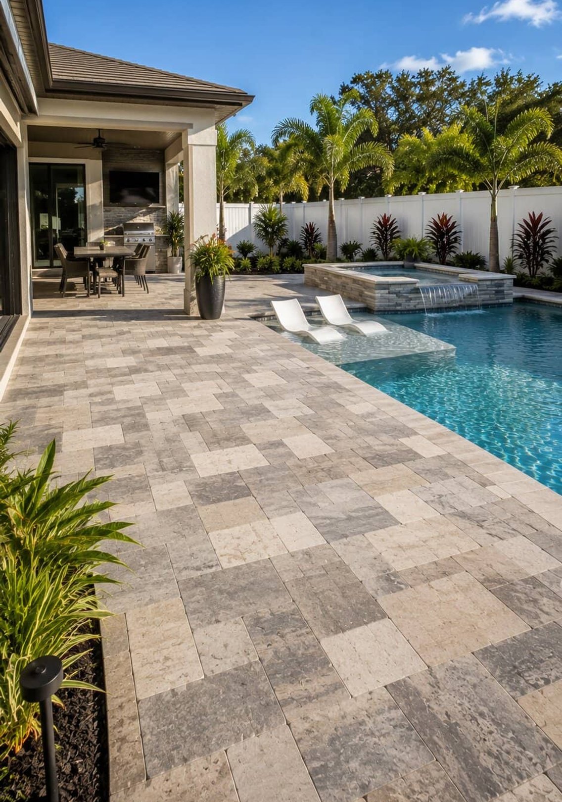 Travertine pool deck with tanning ledge