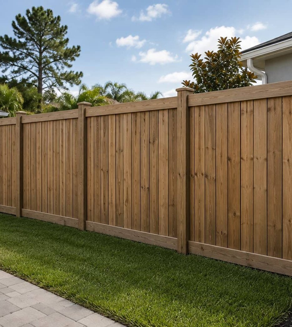 Wooden privacy fence with gate and lawn
