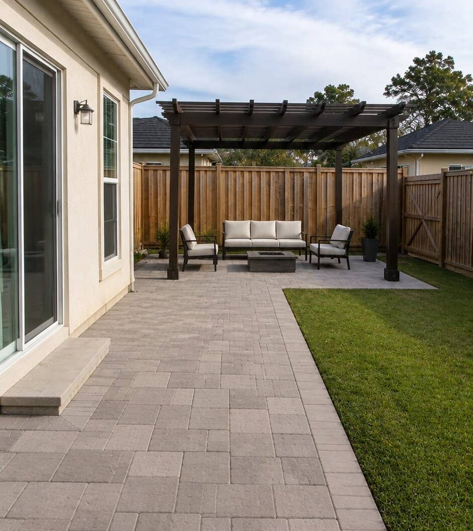 Pergola seating area beside paver patio