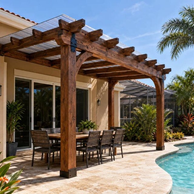 Wood pergola with dining set beside pool