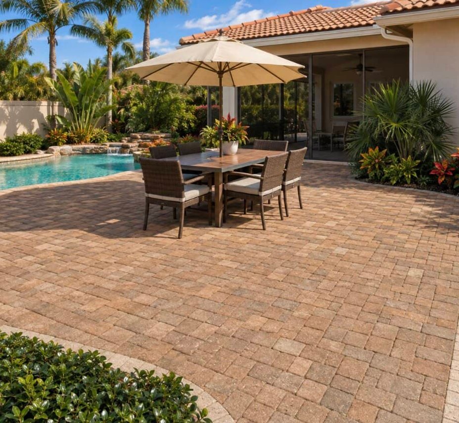 Paver patio with umbrella table near pool
