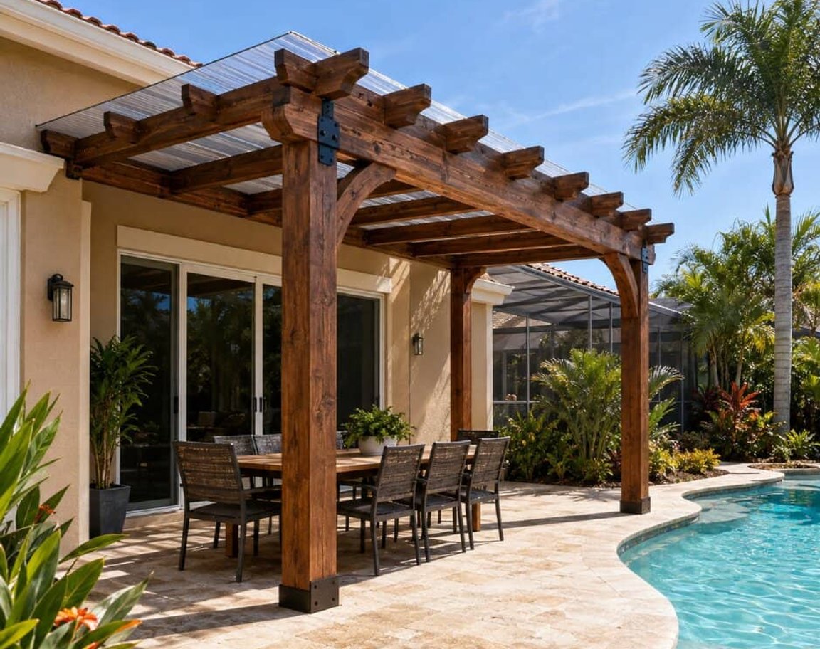 Wood pergola with outdoor dining set beside a pool