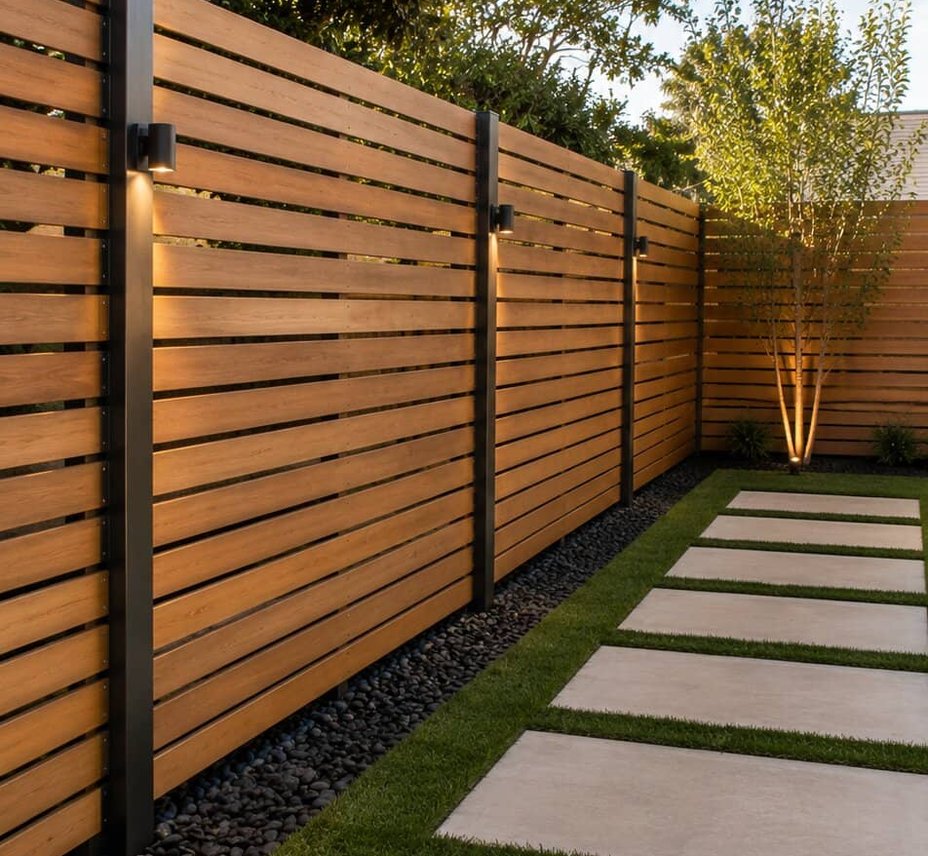 Horizontal wood fence with pathway lighting