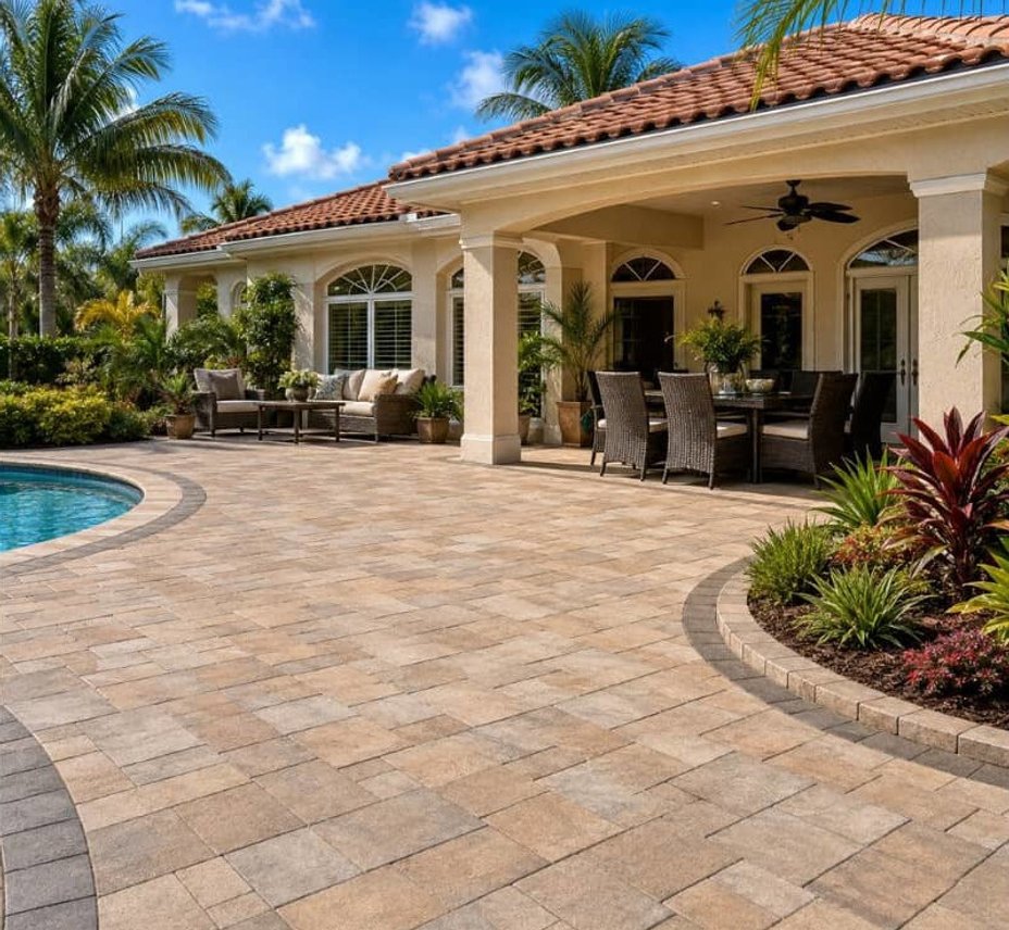 Paver patio beside pool with covered lanai