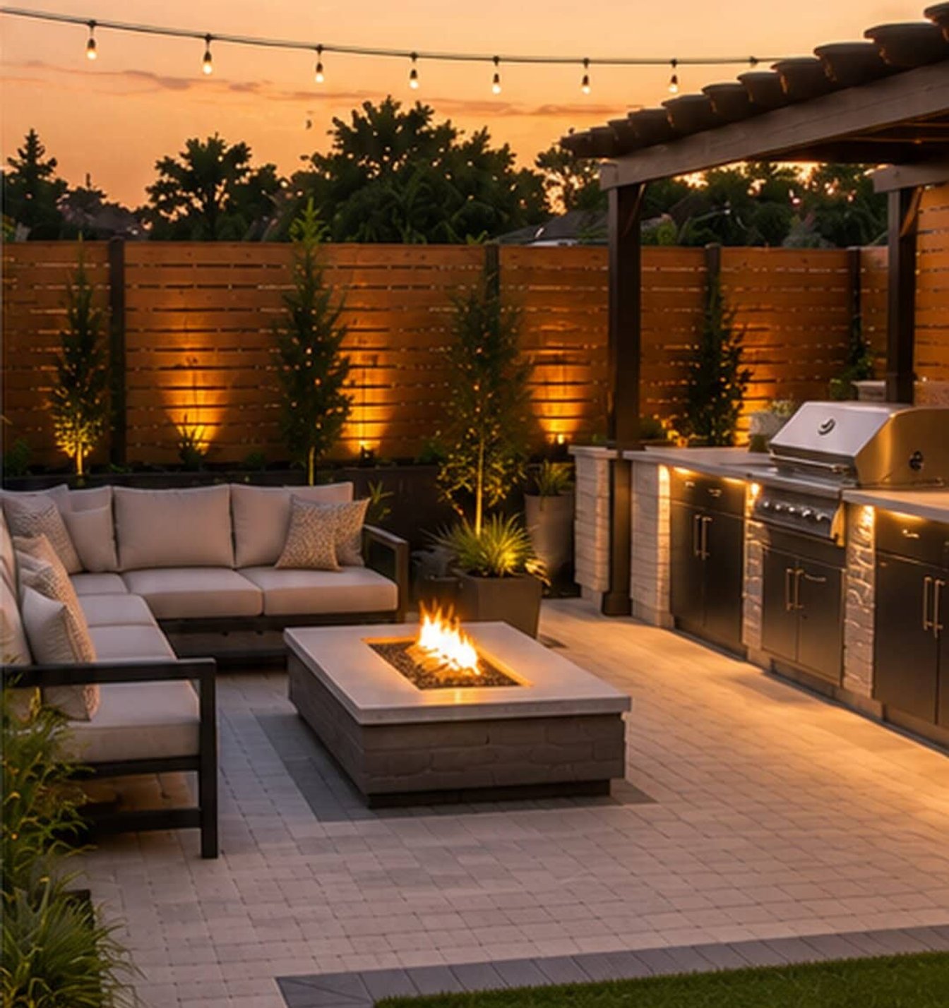 Twilight patio with firepit and outdoor kitchen
