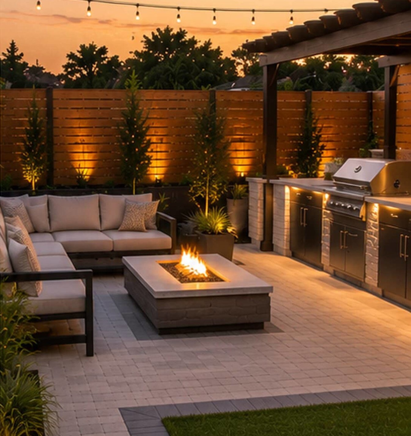 Twilight patio with firepit and outdoor kitchen