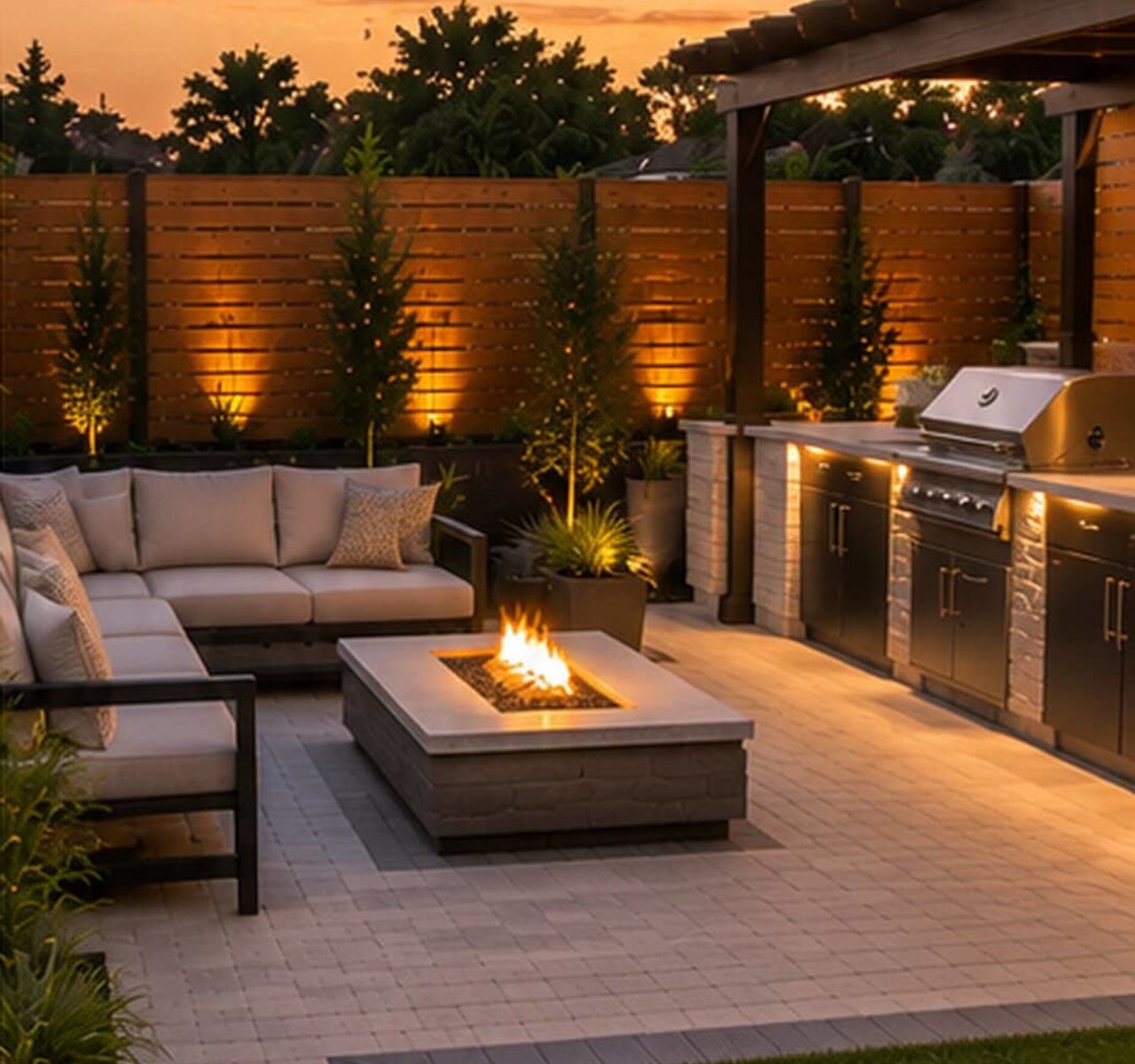 Twilight patio with firepit, privacy fence, and outdoor kitchen